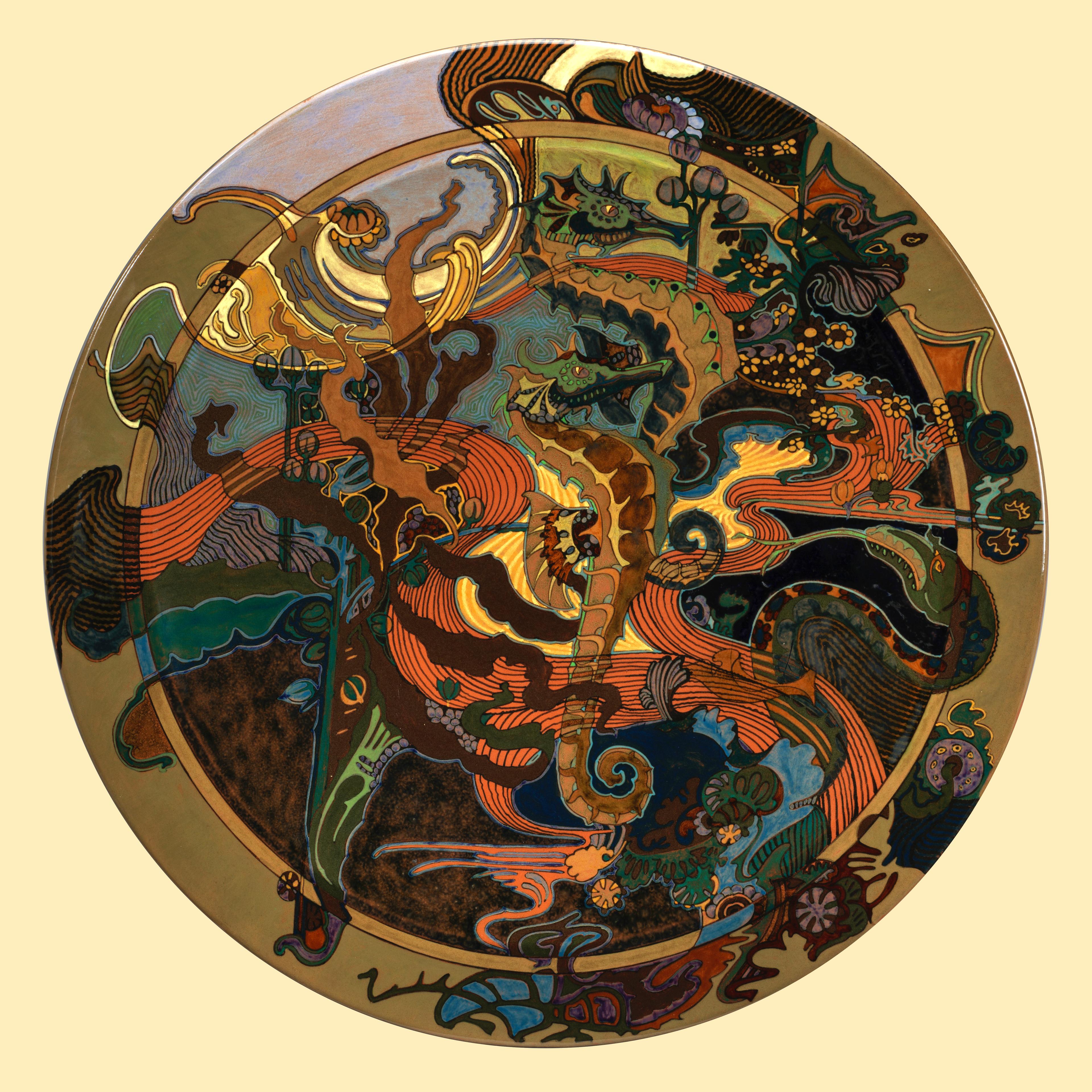 Intricate artwork featuring abstract swirling patterns with earth tones, including greens, browns, and oranges, depicting stylized mythical creatures and natural elements.