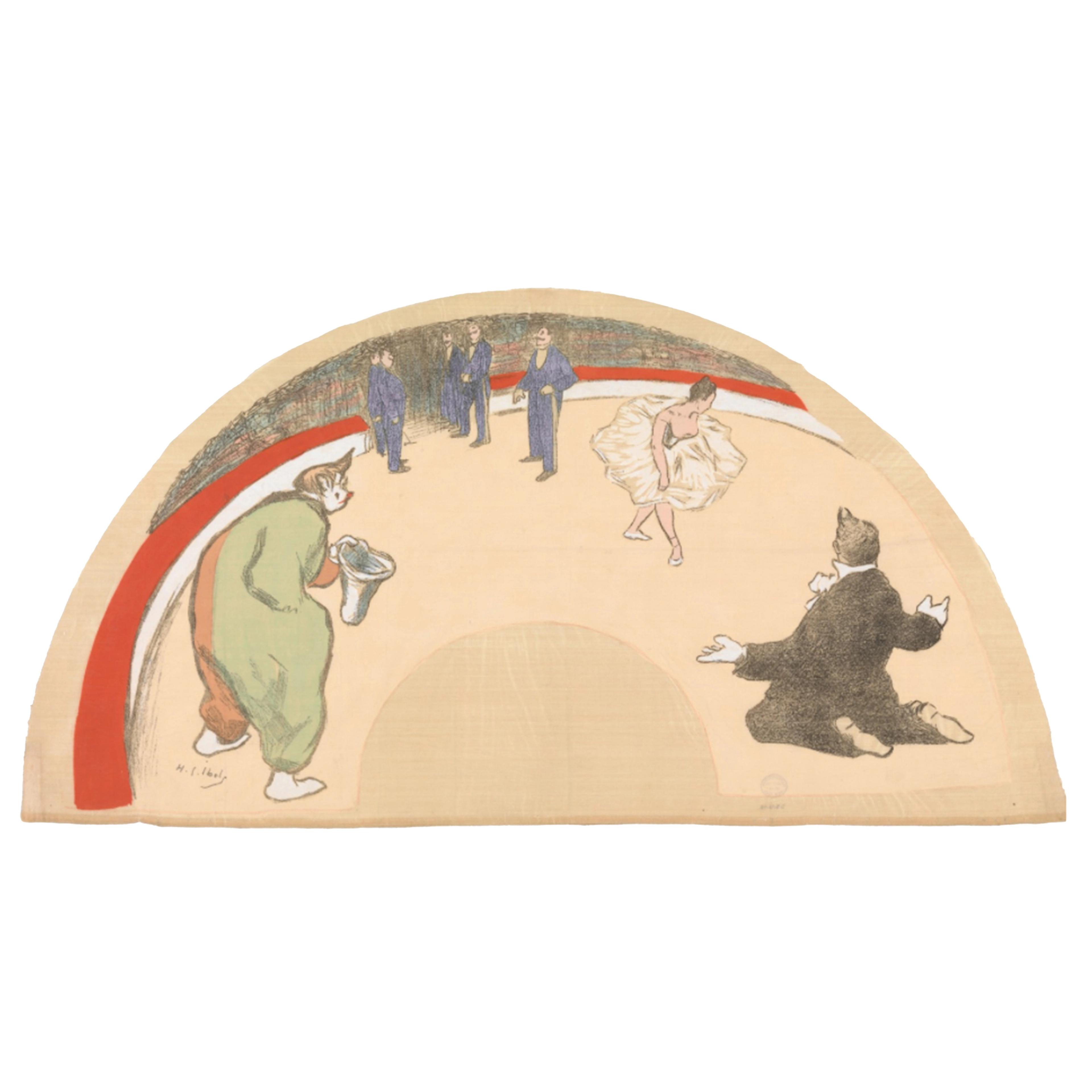 Illustration of a circus ring with performers and a dancer in a tutu. A clown and a seated man watch, conveying a lively, comedic atmosphere.