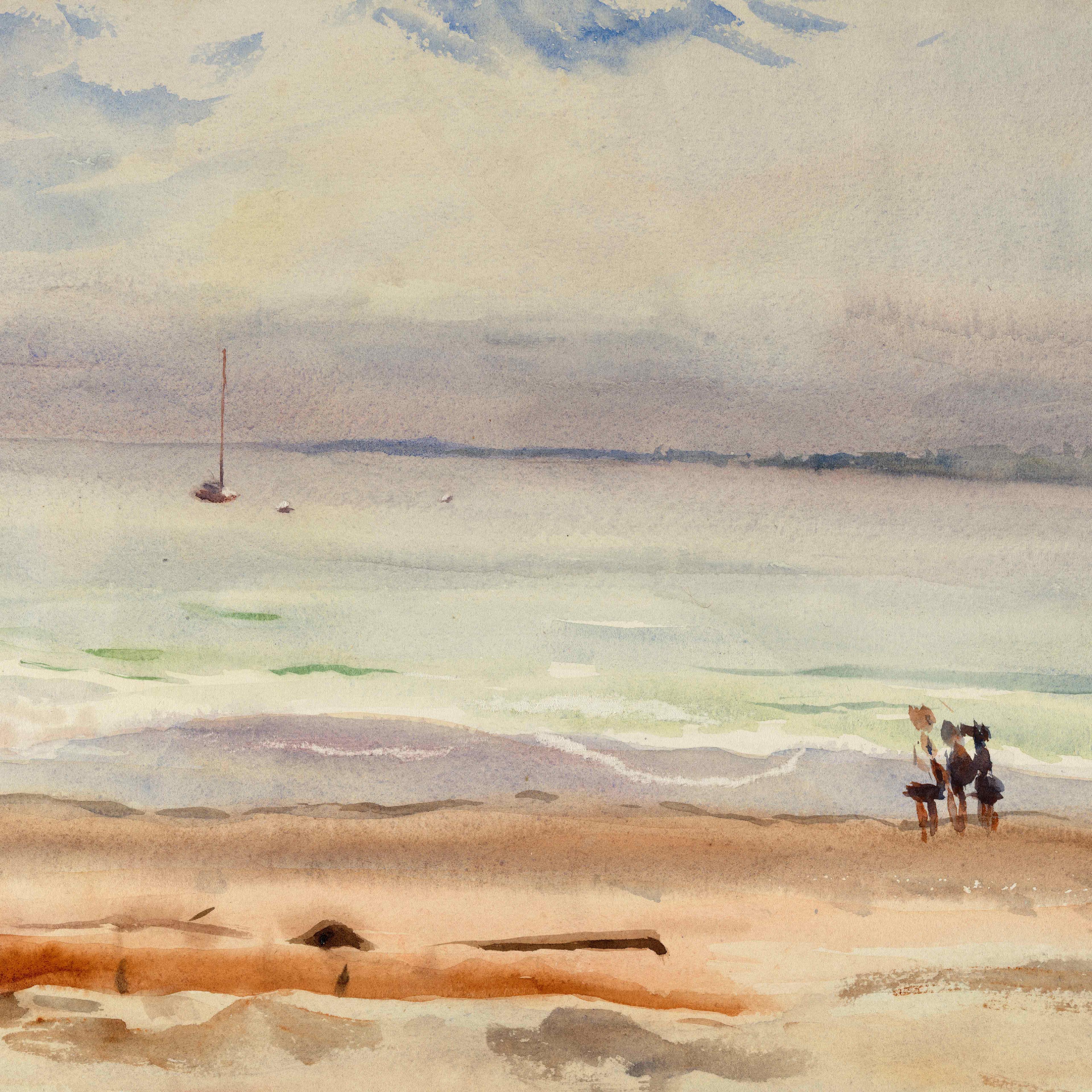 A serene beach watercolor painting, showing a distant sailboat on calm waters. Two figures walk along the sandy shore under a cloudy sky. Peaceful mood.