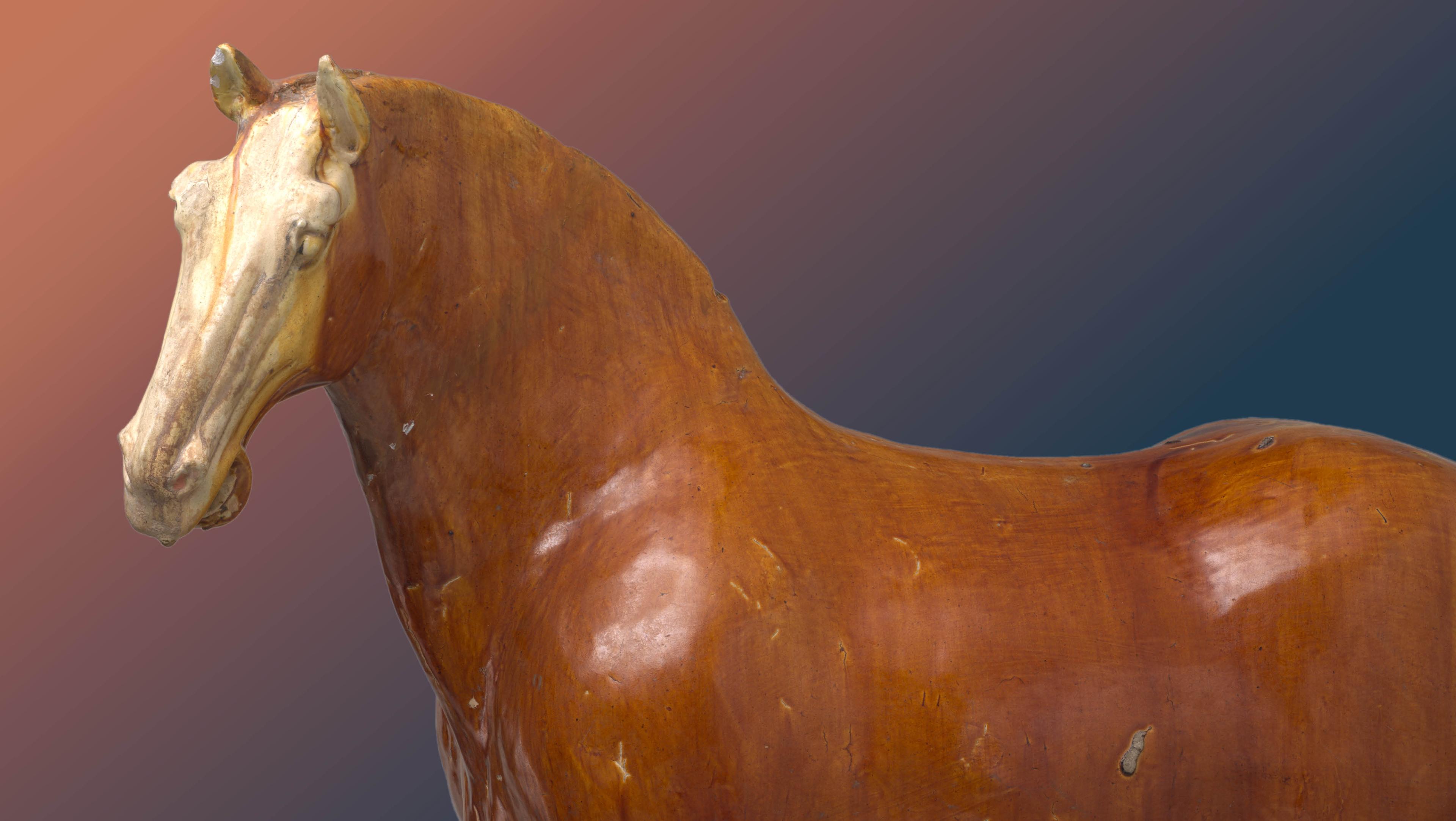 A wooden horse sculpture with a glossy finish, showcasing a realistic texture. The background is a gradient of warm orange to cool blue, creating a vintage feel.
