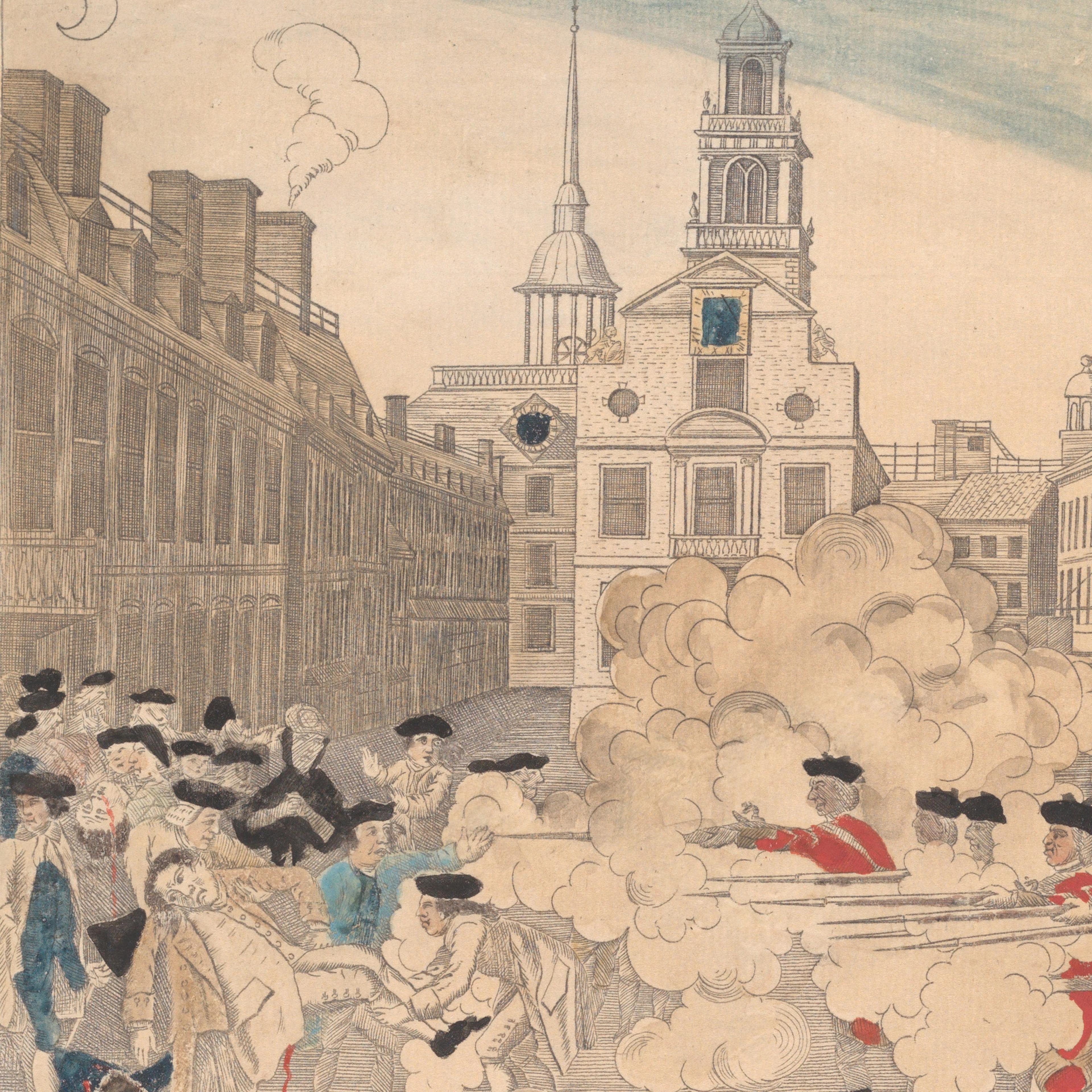 Illustration of active battle between two sides. One side in red and the other in blue. Guns drawns and wounded bodies. 