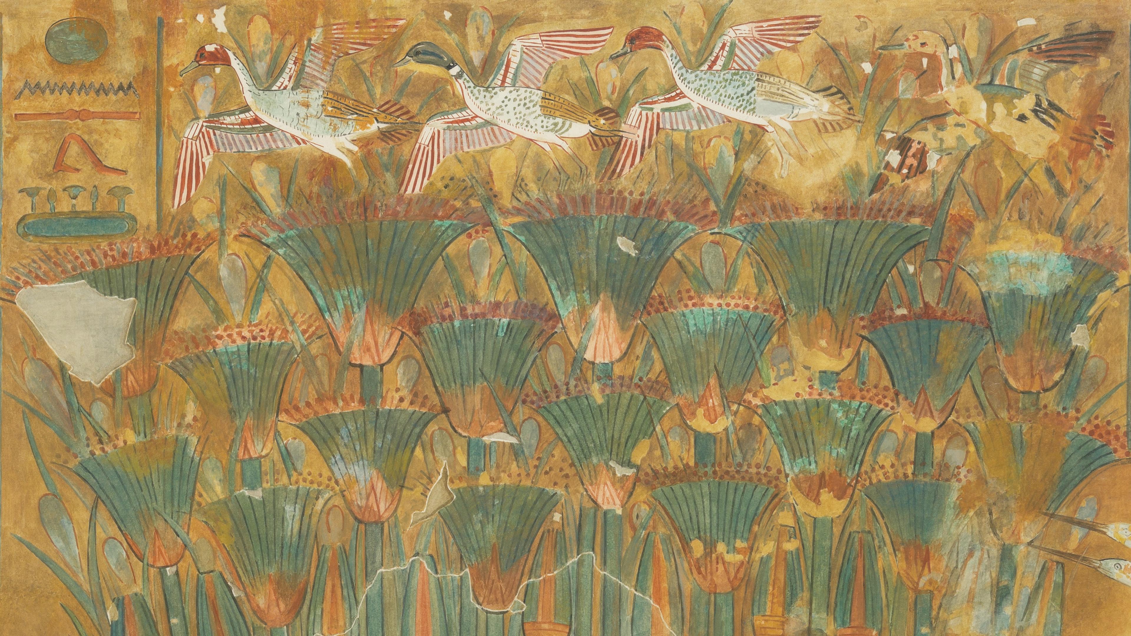 Marsh scene of blooming papyrus plants beneath a row of flying ducks.