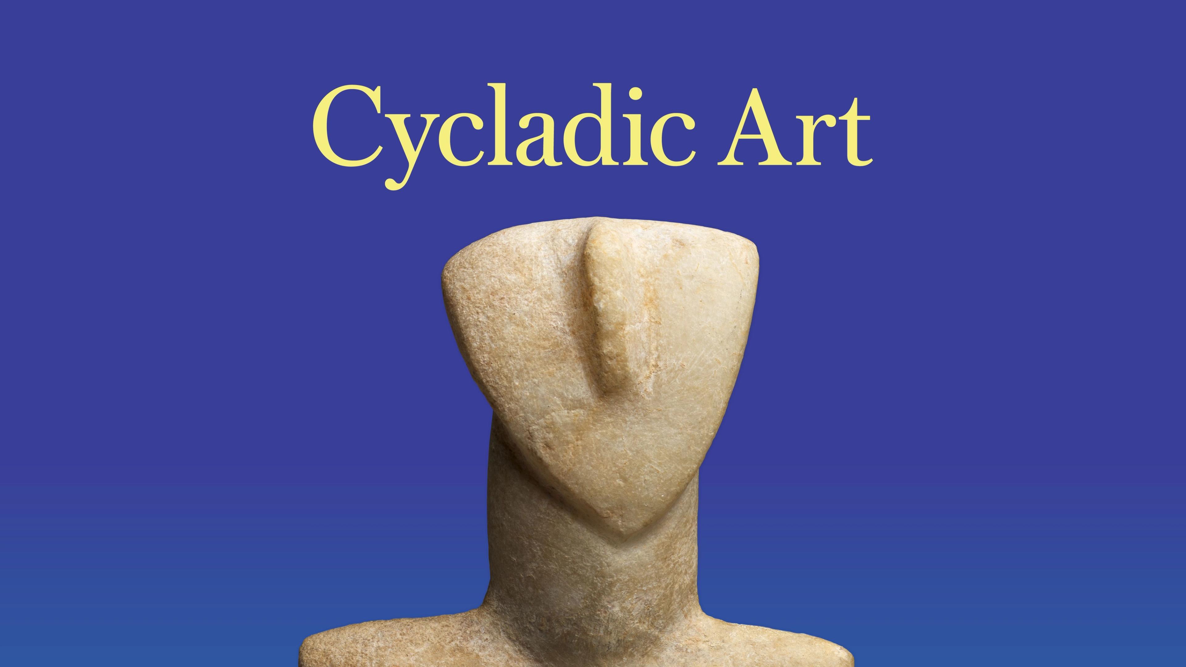 Ancient Cycladic marble head sculpture with minimal facial features on a blue background, displaying simplicity and elegance. Text reads "Cycladic Art."