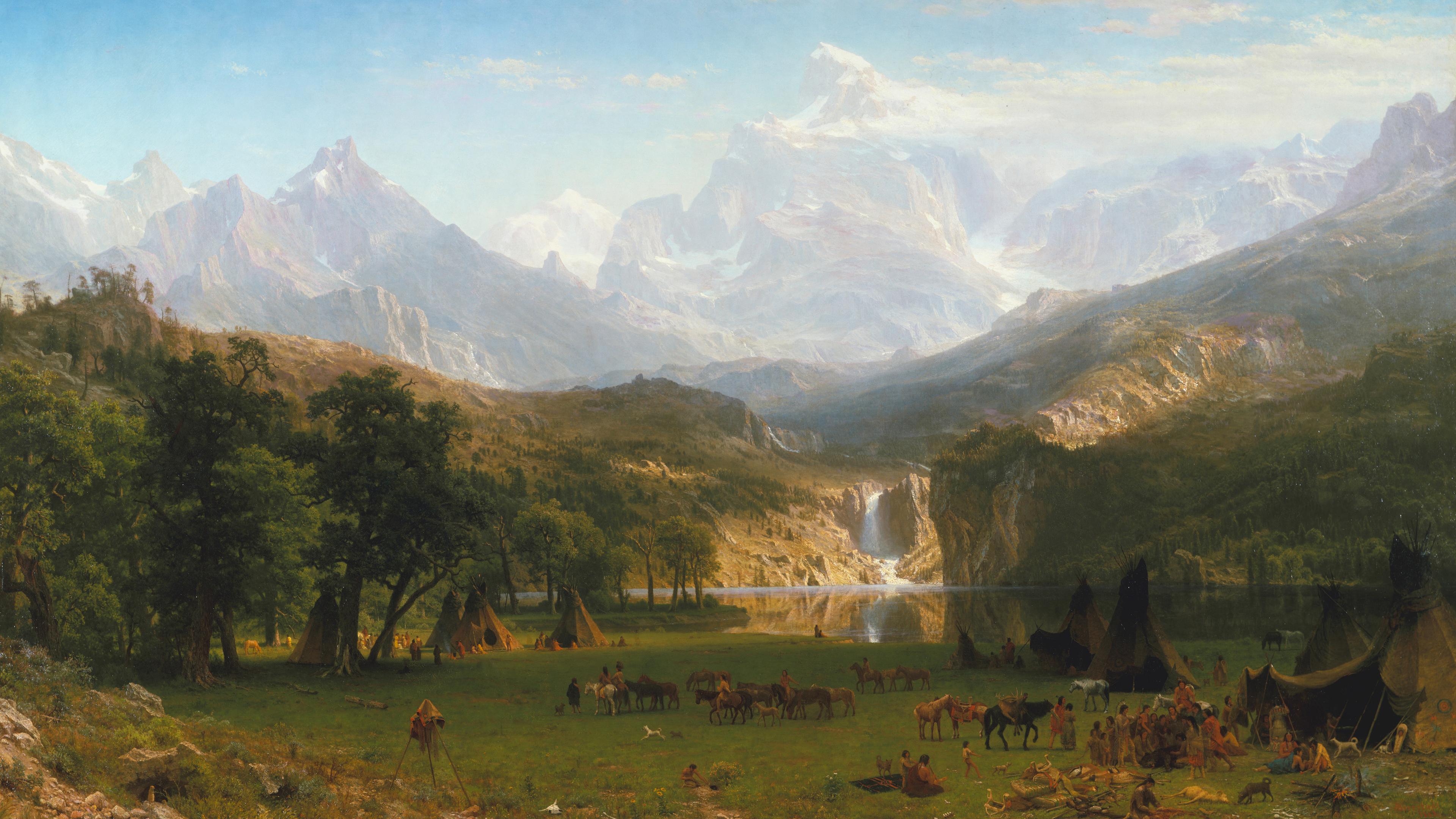 A painting of a landscape with mountains and a waterfall, and Native Americans camped in the foreground