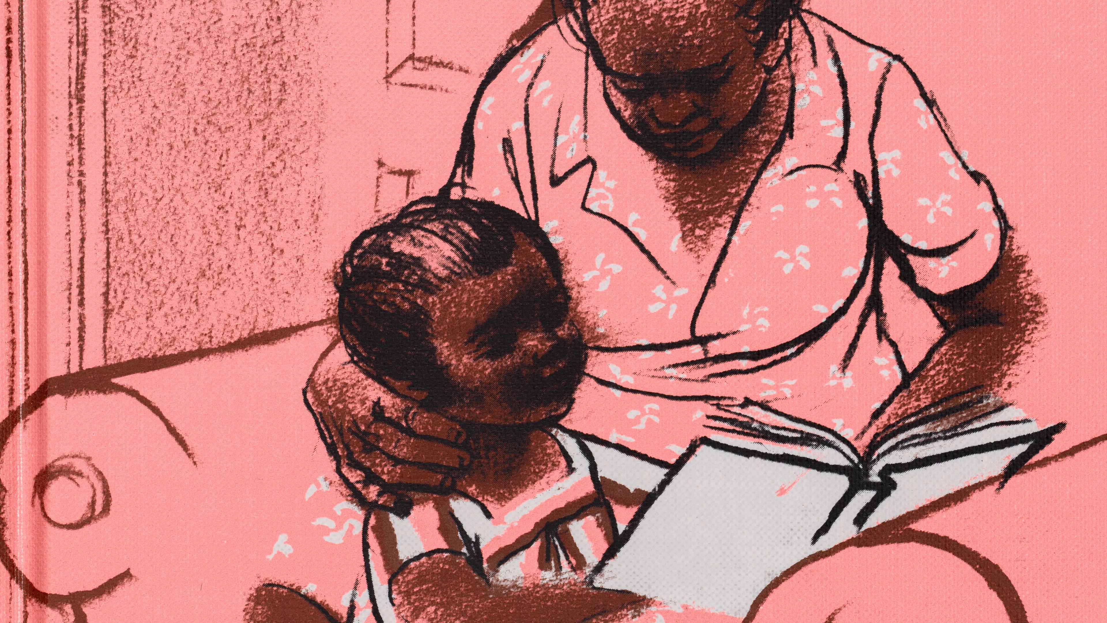 A warm pastel sketch depicts a woman and a child reading a book on an armchair.