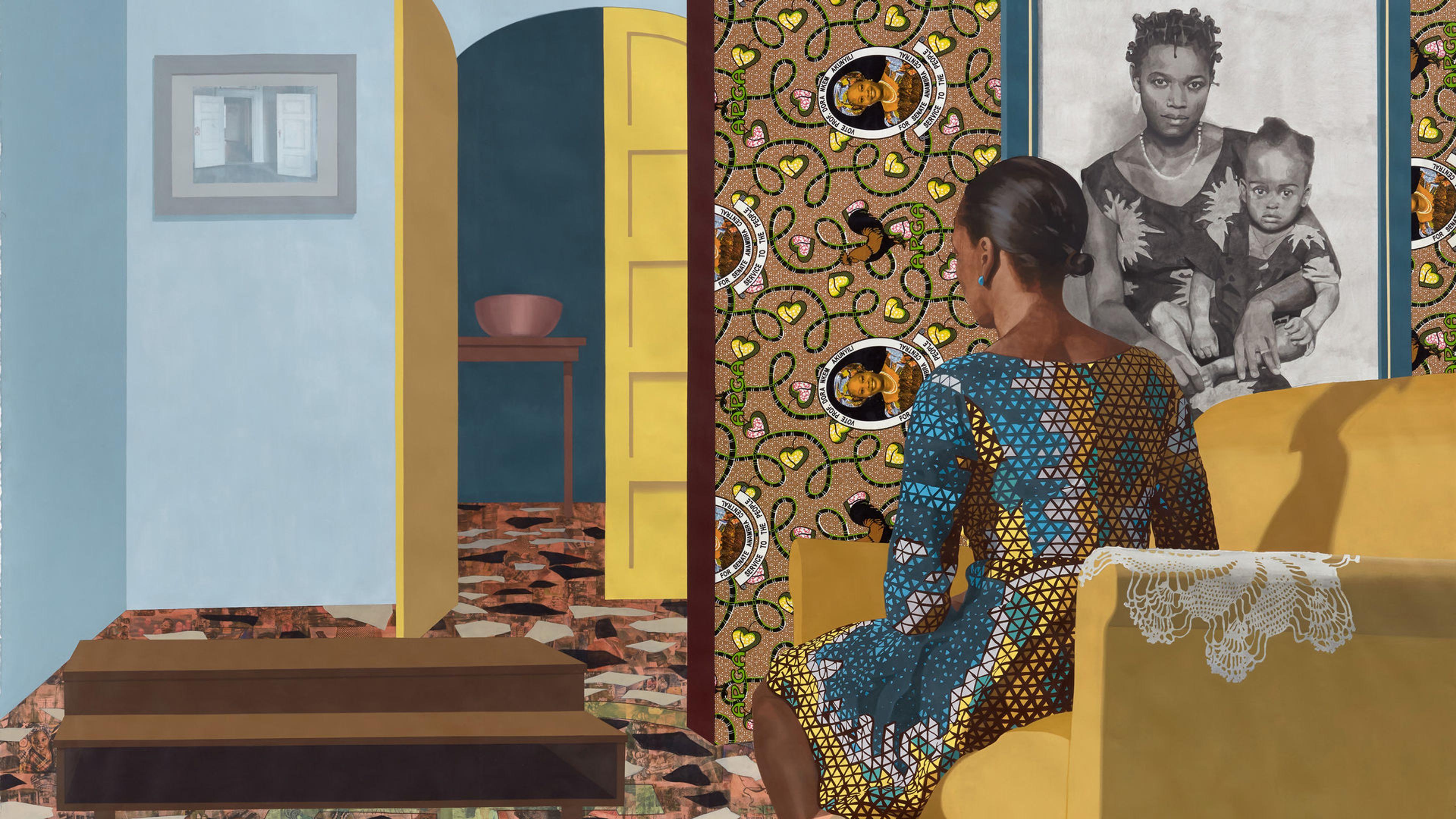 A woman in a multicolored dress is seated on a yellow couch, her back to the viewer. In the background at right is a black and white portrait of a mother holding a baby; at left is the room's doorway. The wallpaper and floor is characterized by whimsical and geometric designs, including portraits as part of the wallpaper.