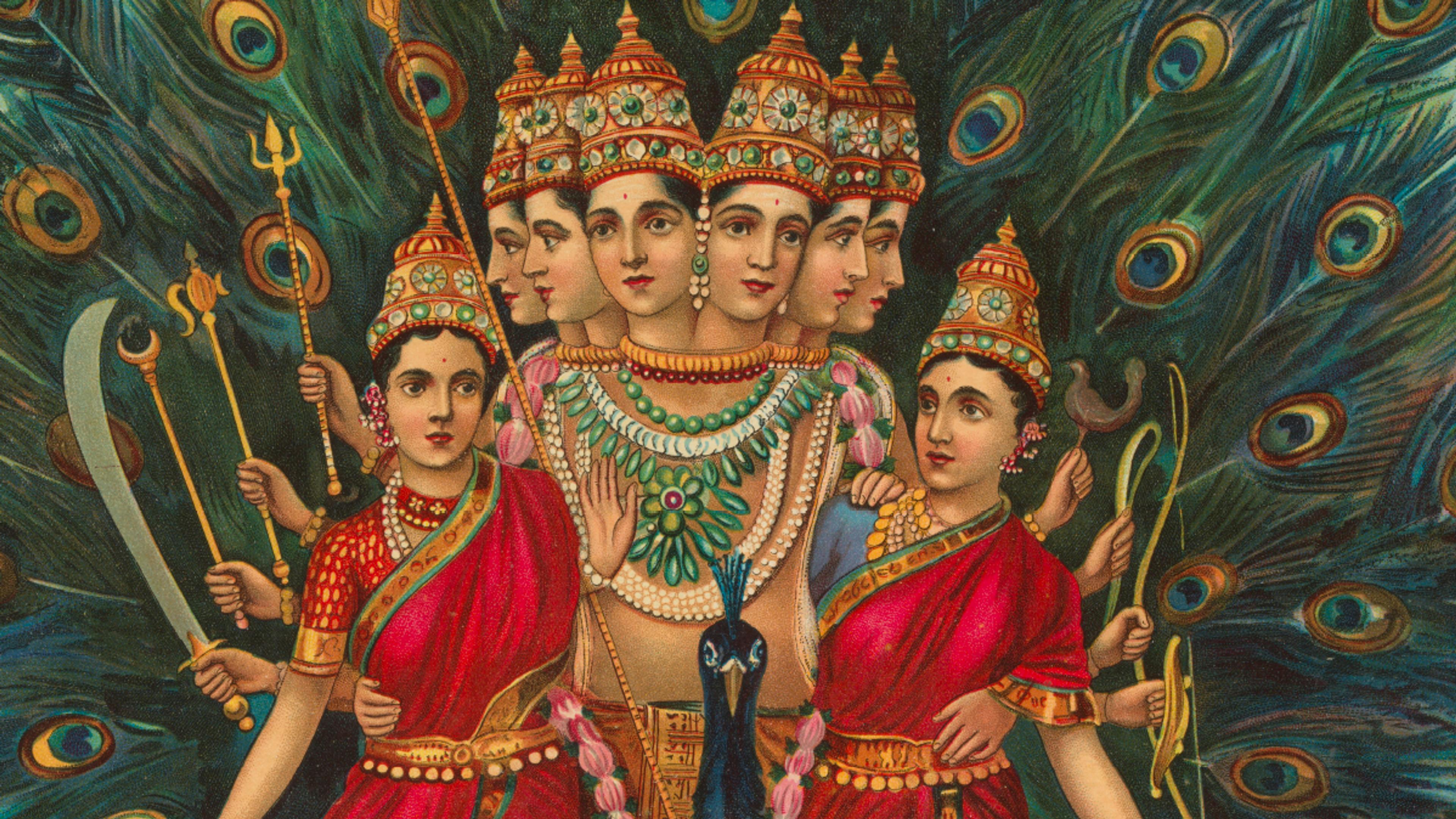 A vibrant depiction of a Hindu deity with six heads and twelve arms, each holding a weapon. He stands before a detailed peacock, surrounded by a majestic array of feathers