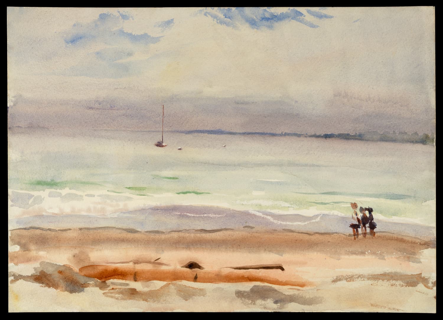 A watercolor of a beach, with sand and sea visible. The sky is cloudy. Along the shoreline, 3 figures look into the water. A boat is visible in the sea, and another coast is visible in the distance
