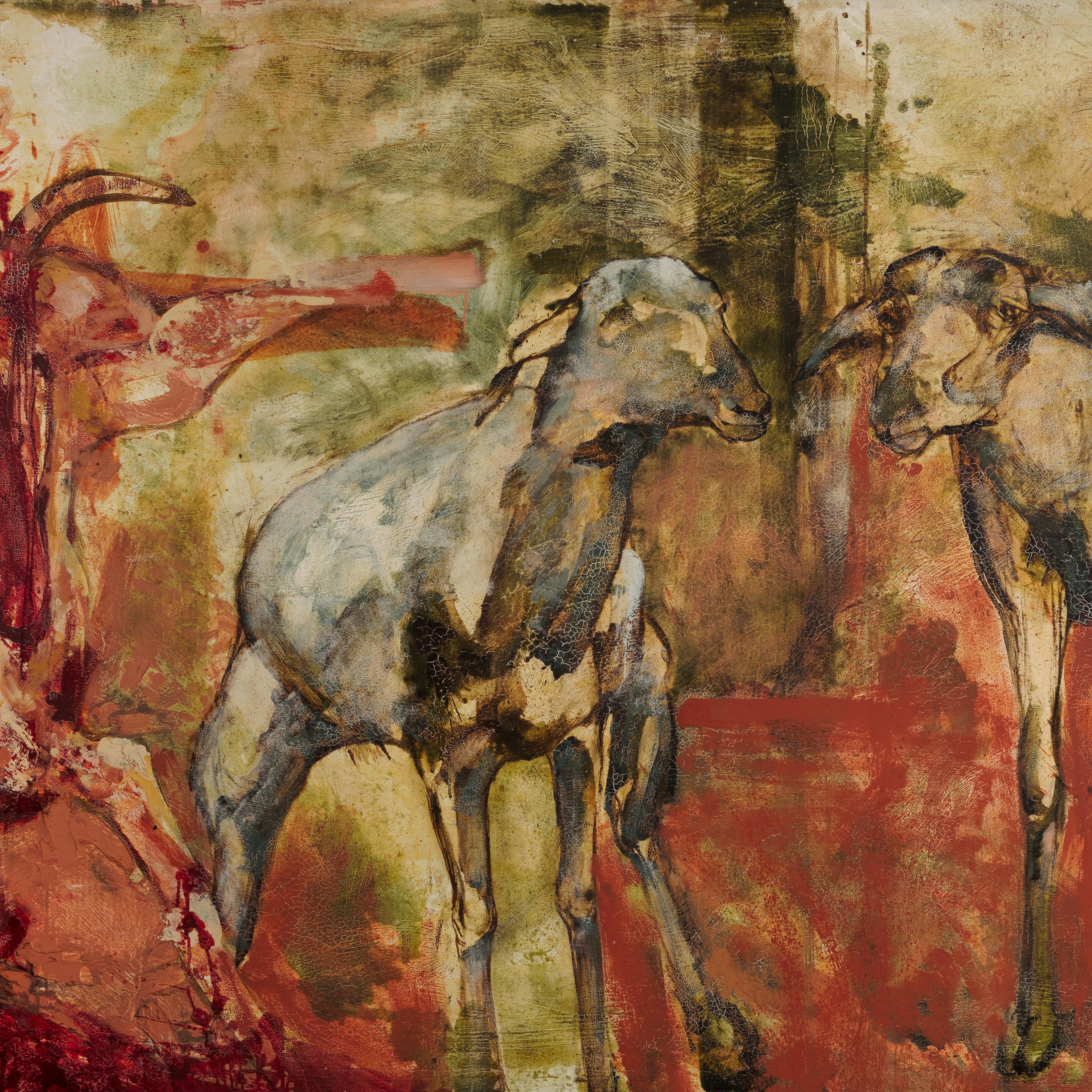 Painting of reds, brown on a tan background with 3 animals walking on all fours.