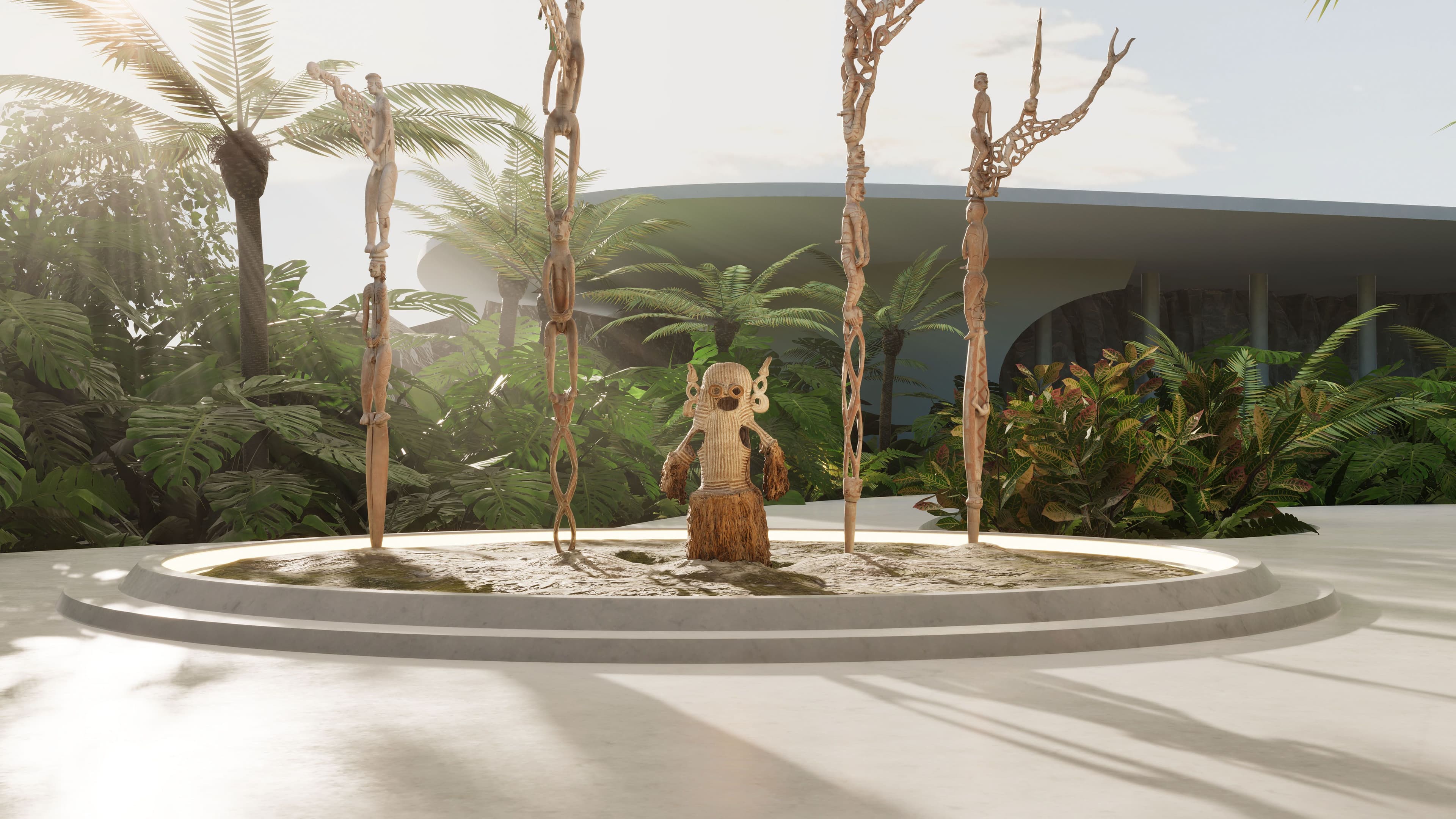 A screenshot of a three dimensional environment that resembles an outdoor museum featuring four Bis Poles and one Body Mask from The Met's Oceanic art collection. 
