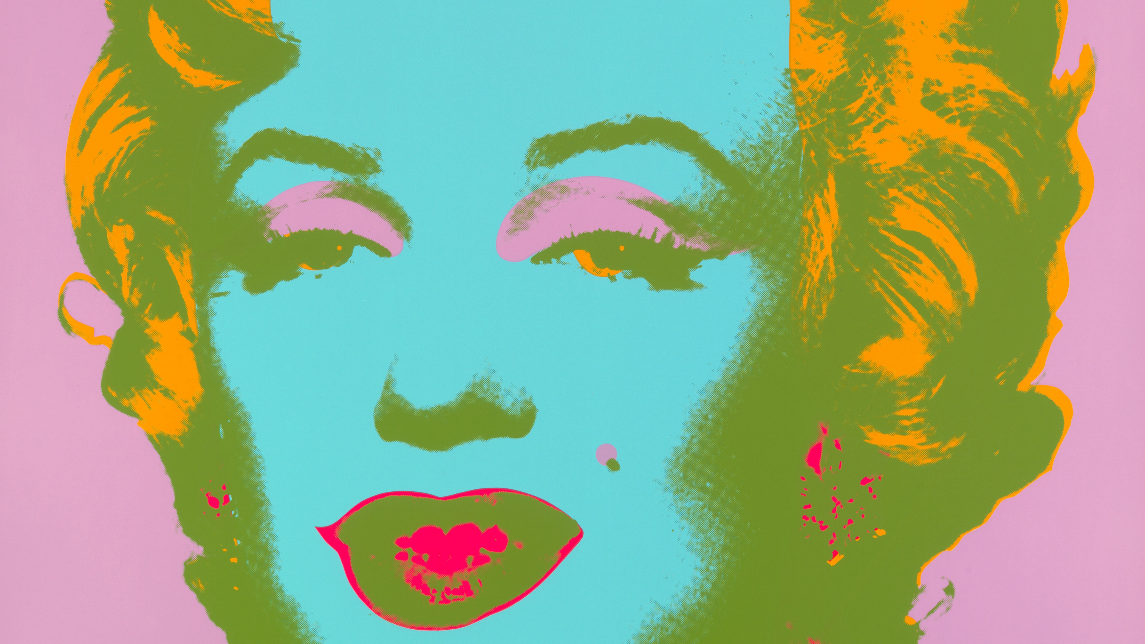 Pop art portrait of a woman with bright orange hair, turquoise skin, pink lips, and lavender eyeshadow on a pink background.